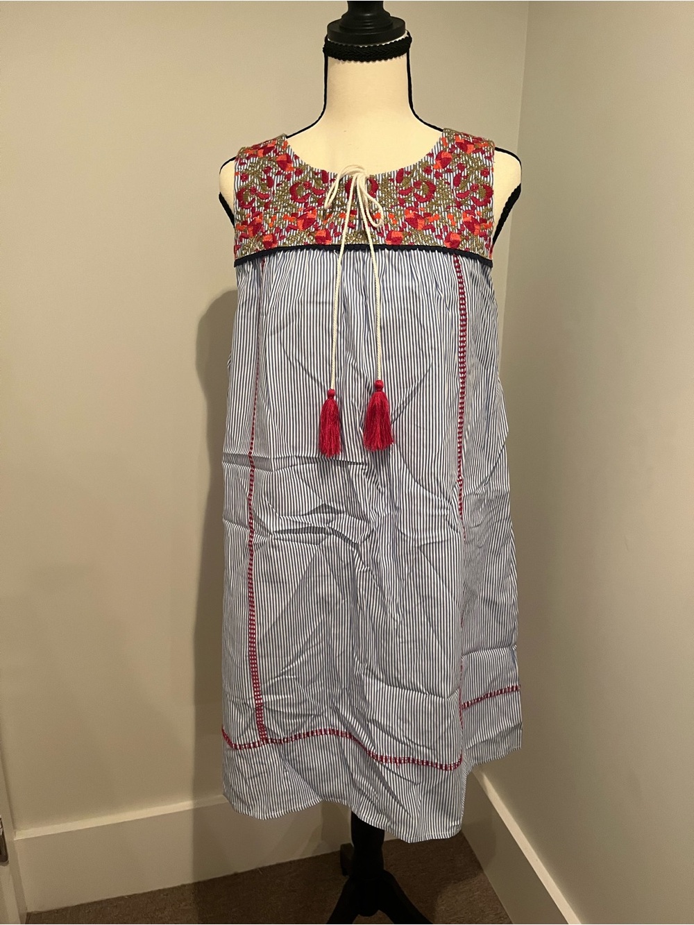 THML Blue & Pink Striped Embroidered Tassel Mini Dress